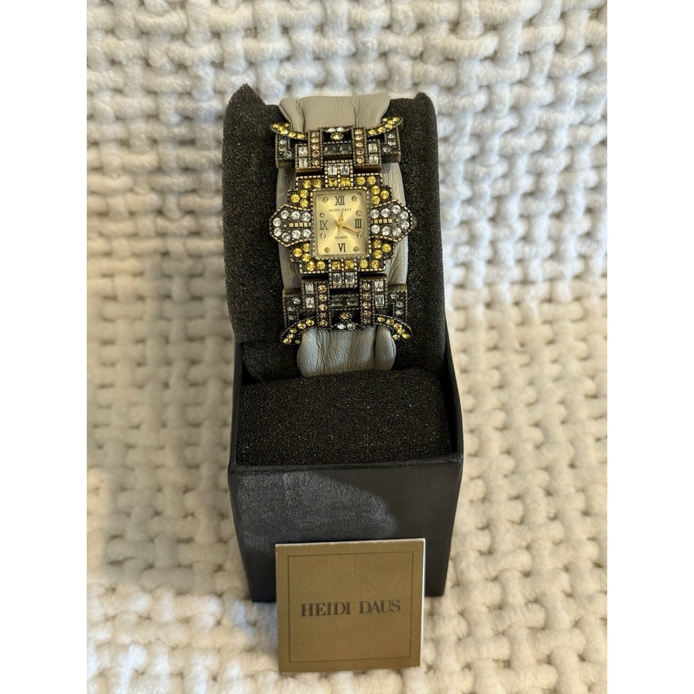 Heidi Daus Yellow Crystal Leather Strap Watch Gray Band Boxed Needs Battery
